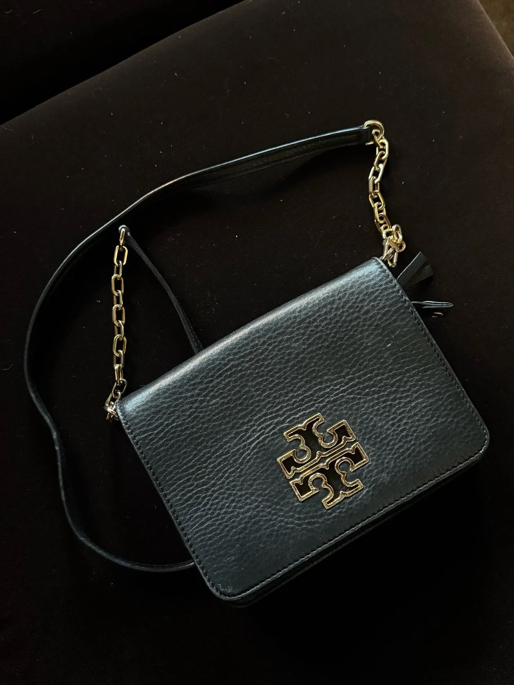 Tory Burch Black Leather Crossbody with Gold Logo Chain